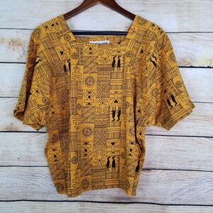 Vintage Michael Carrie Size M Mustard‎ Yellow & Black Tribal Print Oversized Top